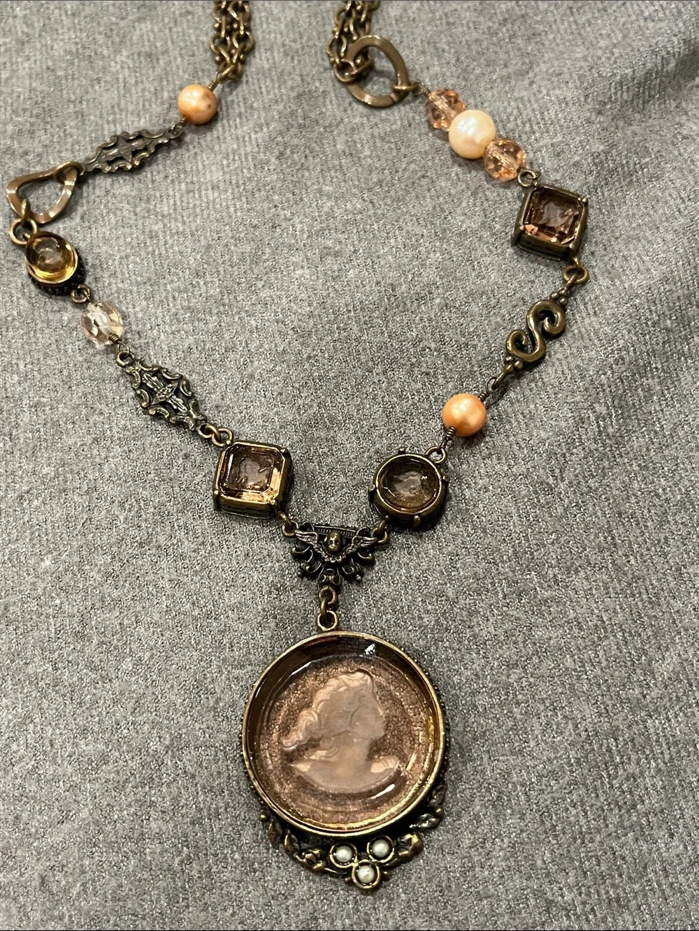 Extasia Intaglio Taupe Glass Cameo & Pearl Necklace